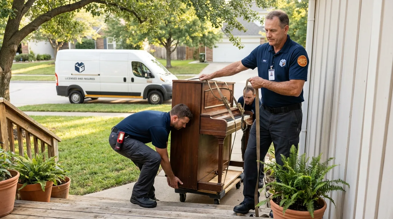 Licensed piano movers securing grand piano in Clarence Center, NY
