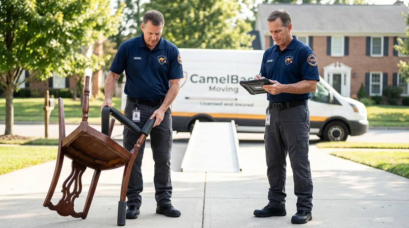 Movers inspecting furniture for damage prevention before loading in Clarence Center, NY