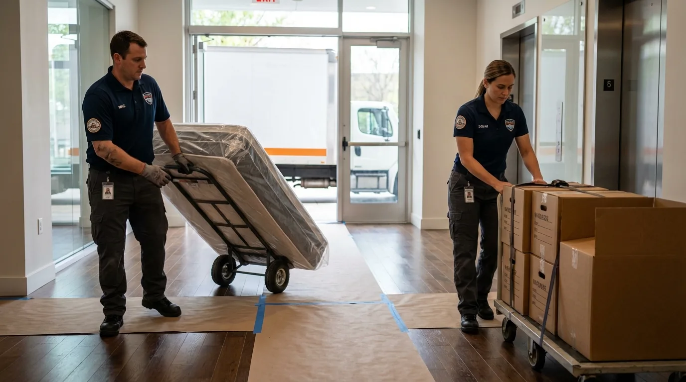 Professional apartment movers loading elevator in Clarence Center, NY