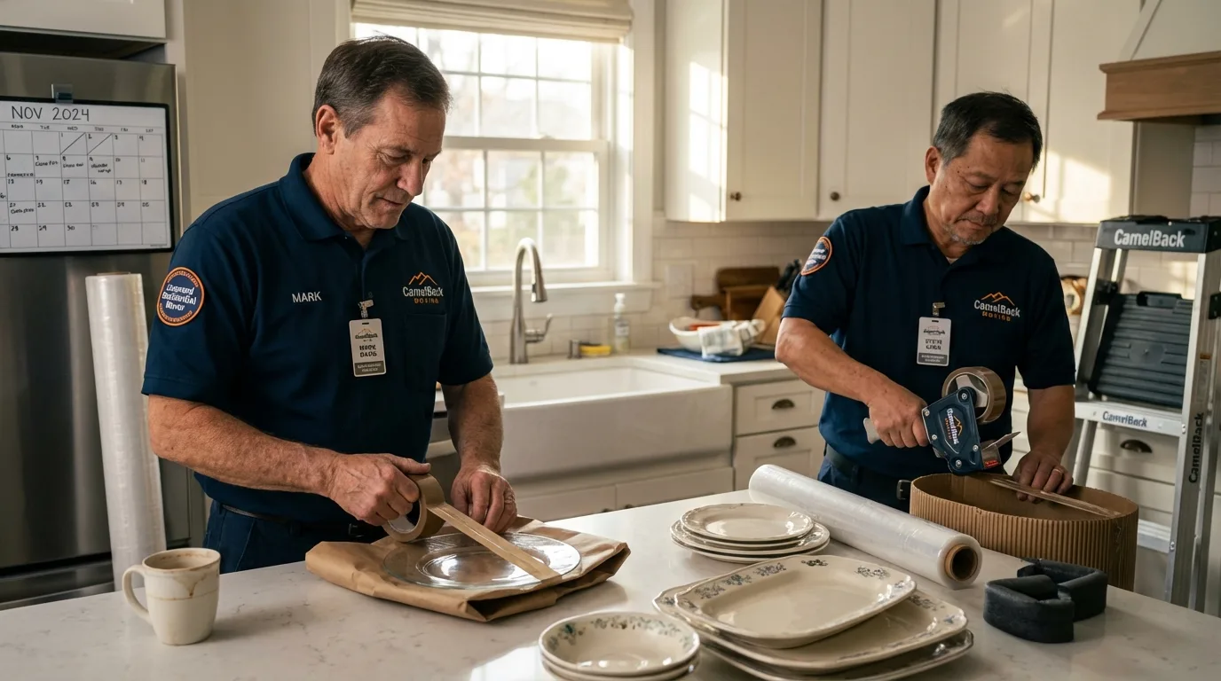 Professional crew packing kitchen dishware in Clarence Center, NY